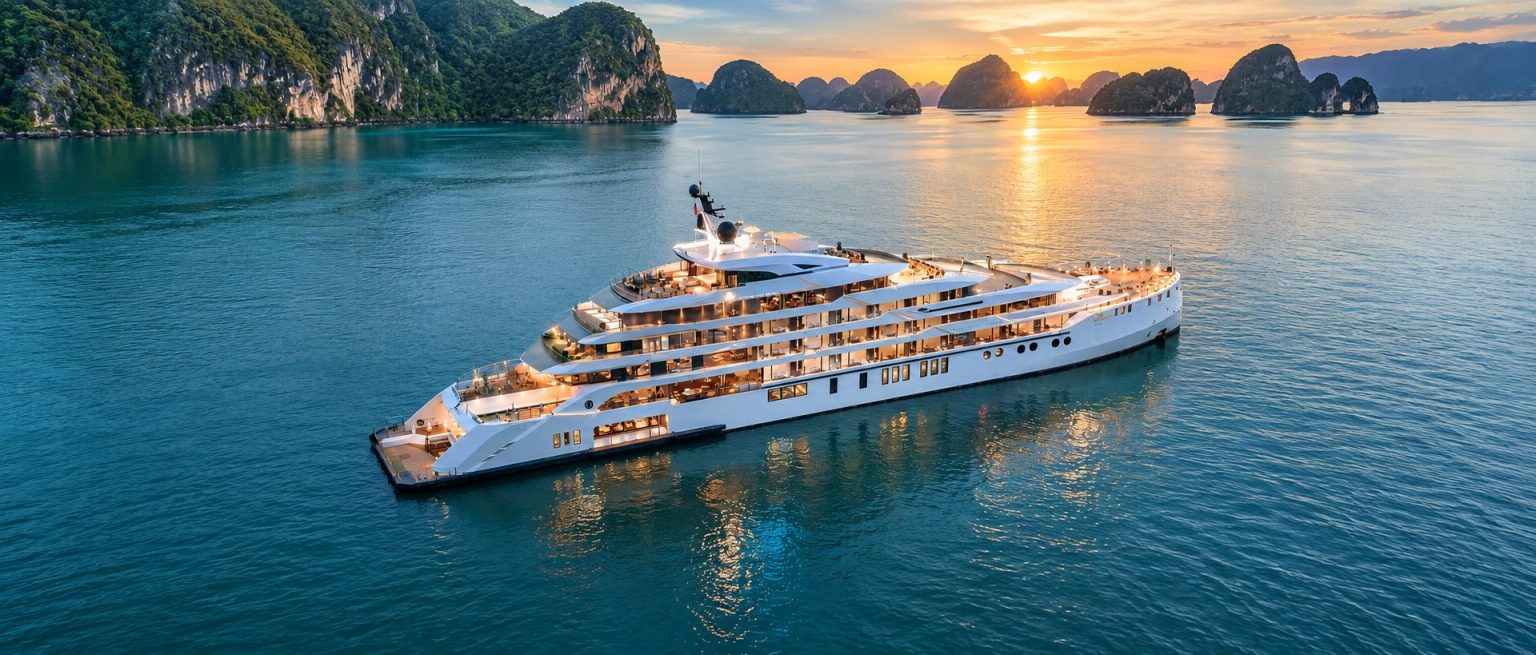 Grand Pioneers luxury cruise sailing through Ha Long Bay at sunset