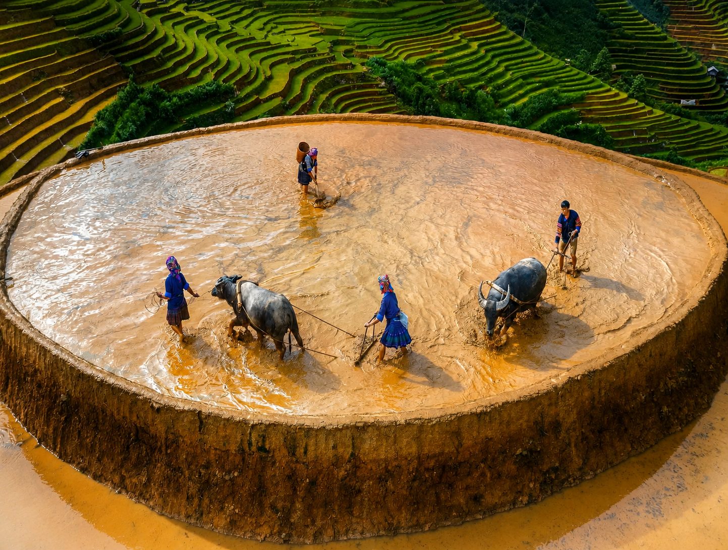 Farmers plowing rice terraces with buffalo in northern Vietnam